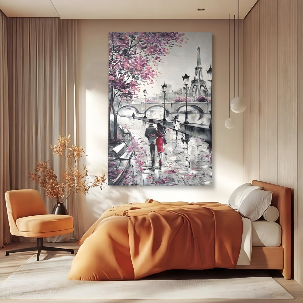 Tablou canvas cu pictura cu cuplu in paris, fara rama, pe sasiu de lemn, pe perete intr-un dormitor